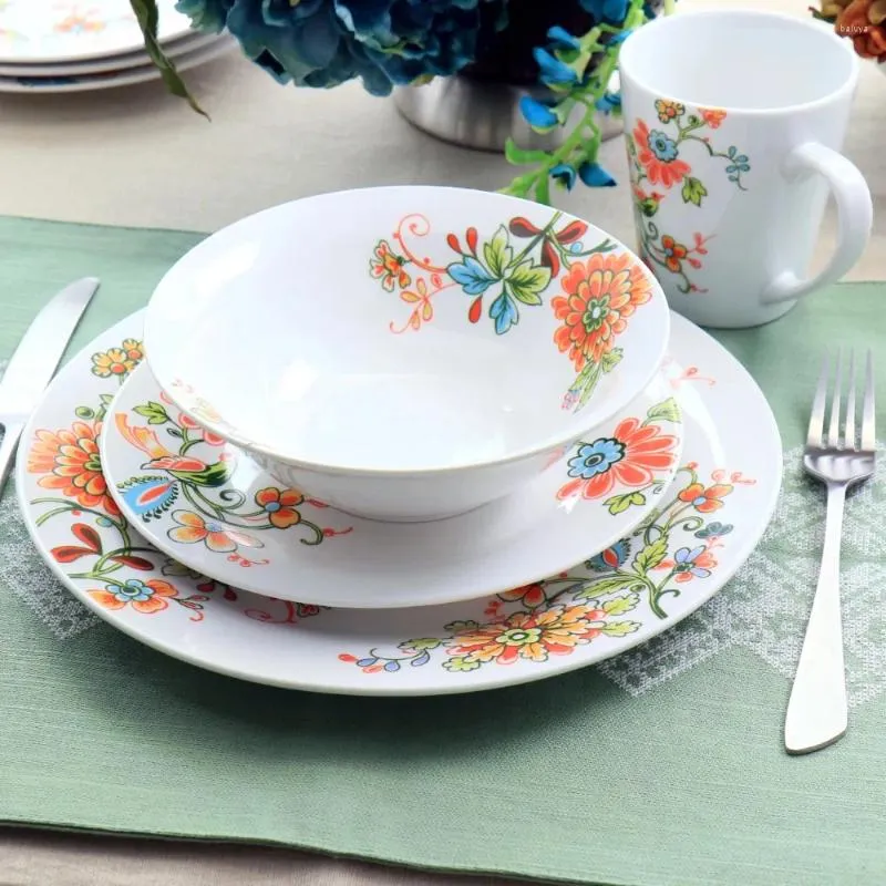 Пластины Elama Spring Bloom 16 штук круглого фарфорового обеденного посуды Ужин и блюда керамическая порция