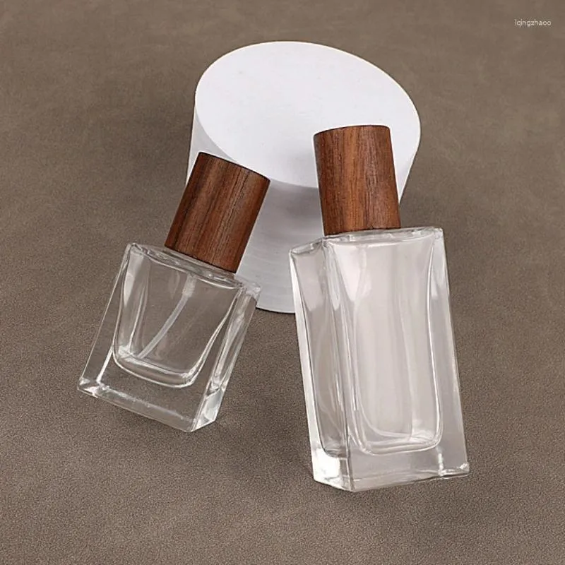 Storage Bottles 30ml 50ml Refillable Container Cap Emrty Glass Portable Travel Flat Square Spray Bottle Replacement Wooden Lid
