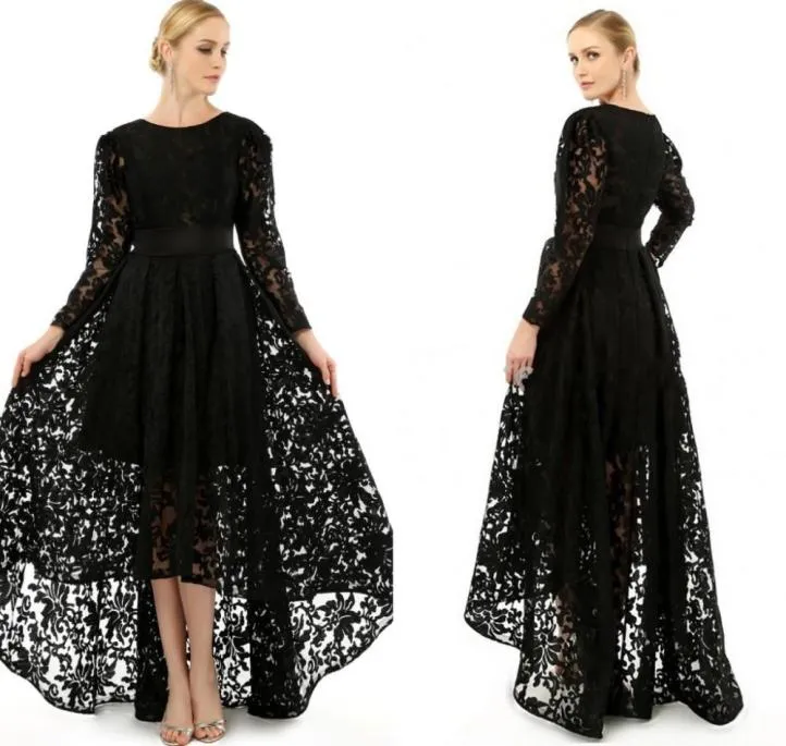Elegant Black Long Sleeve Plus Size Evening Dresses Crew Neck A Line Formal Lace Hi Lo Prom Party Cocktail Gowns 2020 Mothers Dres4228274