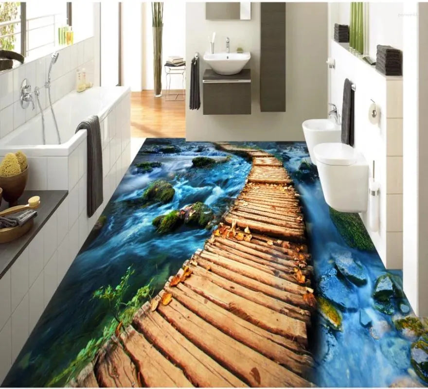 Wallpapers Wooden Board Bridge Path Stone River 3D Floor PVC Sticker Printing Waterproof Wallpaper Mural Decorations