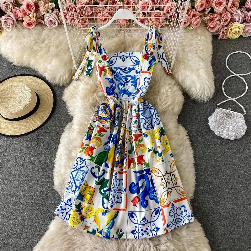 Casual Dresses Fashion 2024 Summer Runway Boho Dress Women's Bow Spaghetti Strap Backless Blue And White Porcelain Floral Print Mini