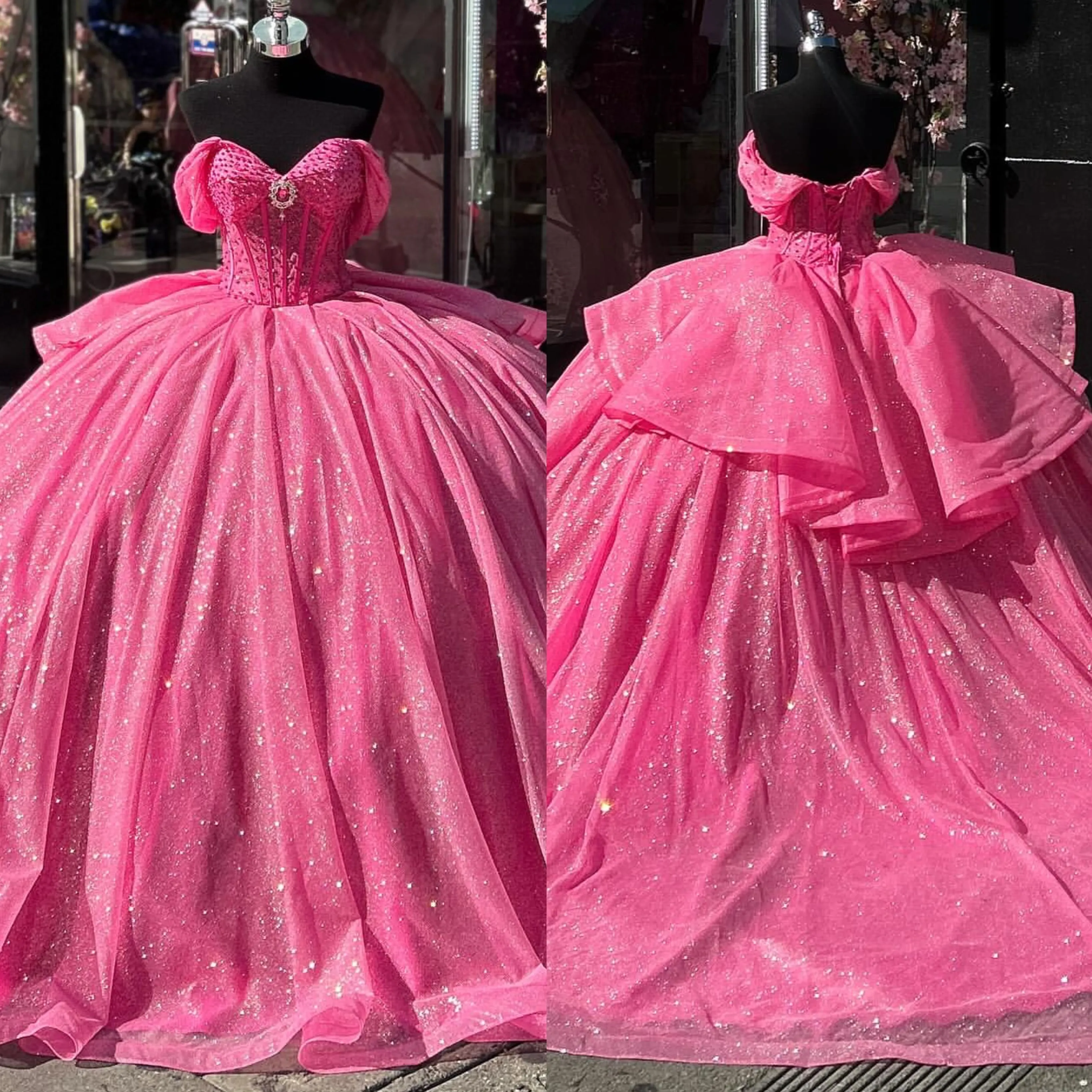 Magnifique robe rose princesse quinceanera Robe de bal scintillée de bal à épaule paillettes paillettes diamant vestido de quinceanera corsage sweet 15 robe de mascarade
