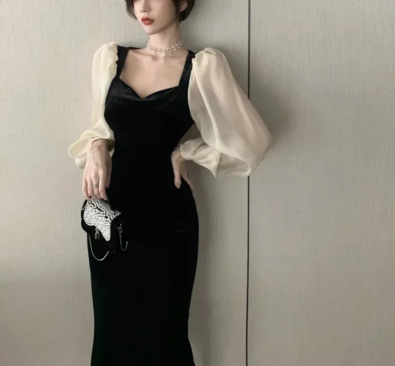 Boutique Dresses Midnight Velvet Clearance Dresses Winter Formal Dresses  Long Sleeves, Elegant Patchwork Dress: Womens Long