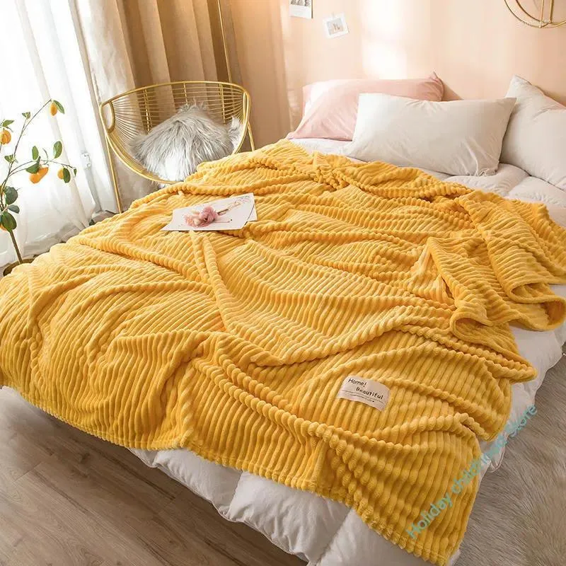 Dekens voor bedden vaste gele kleur zachte warm warm 300 gsm plaid vierkante flanellen deken op de beddikte gooi