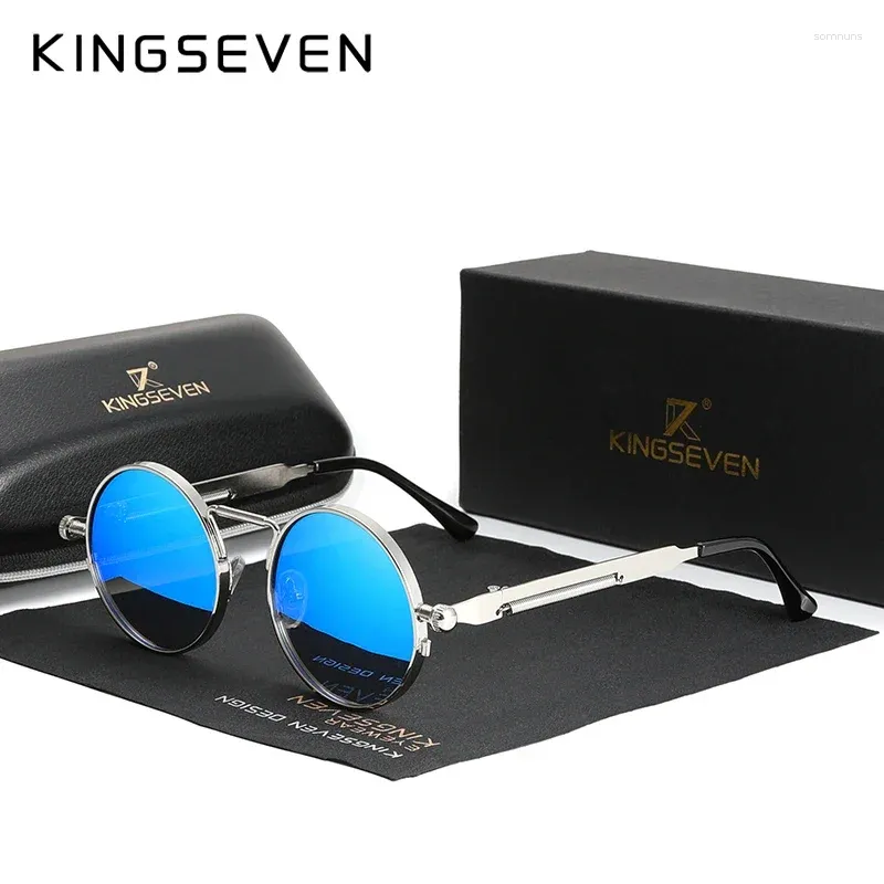 Zonnebrillen kingseven 2024 gepolariseerde mannen uv400 gotische steampunk -stijl mannelijke ronde brillen legering frame mode zonnebril