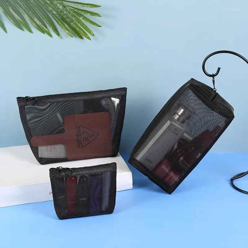 Borse di stoccaggio kit da toeletta trasparente per donne borse da sacco cosmetico a maglie nera con cerniera casual e organizzazione