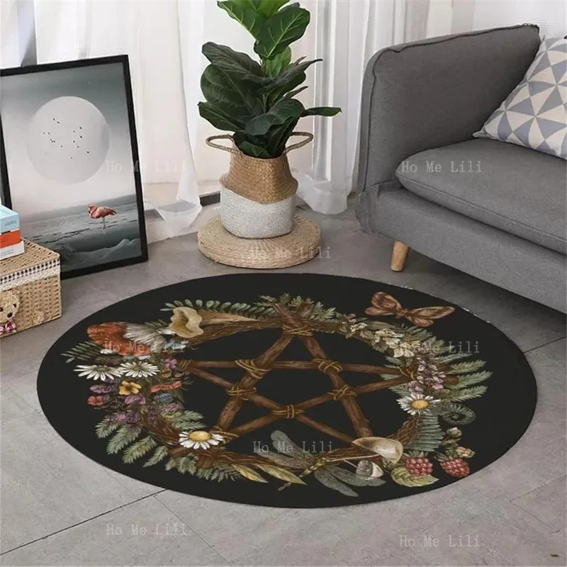 Carpets Nature Pentacle Branch Vine Trunk Flowers And Plants Surrounded By Moths Round Flannel Floor Rugs Soft Carpet For Home Decor
