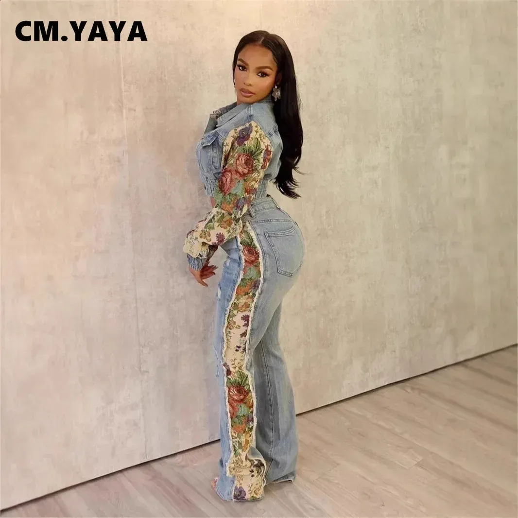 Denim Two Piece Set Womens Floral Patchwork Denim Jacket And