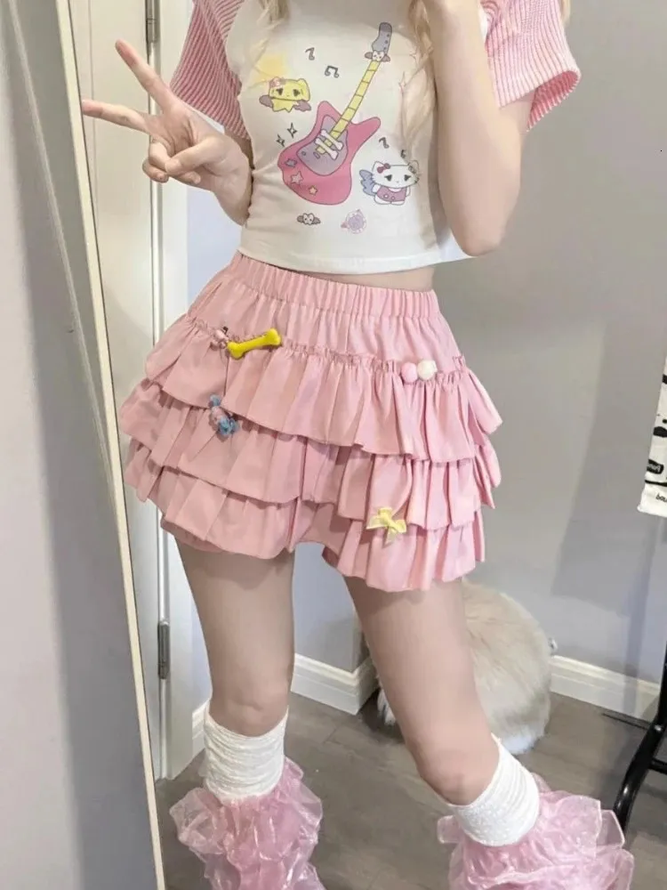 DEEPTOWN Kawaii Lolita Skirt Women Ruffle Layered High Waist Cutecore Mini Shorts Harajuku Japanese Style Soft Girl 240403