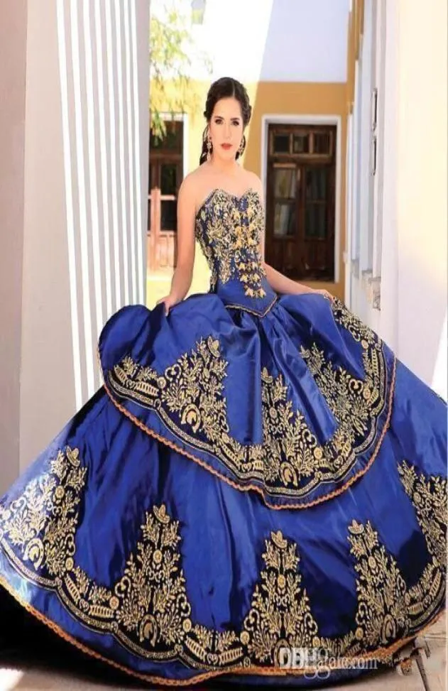 ヴィンテージの恋人サテンボールガウンQuinceanera Dresses Gold Lace Applique Embroideryレイヤードビーズ床の長さプロムドレス9335359