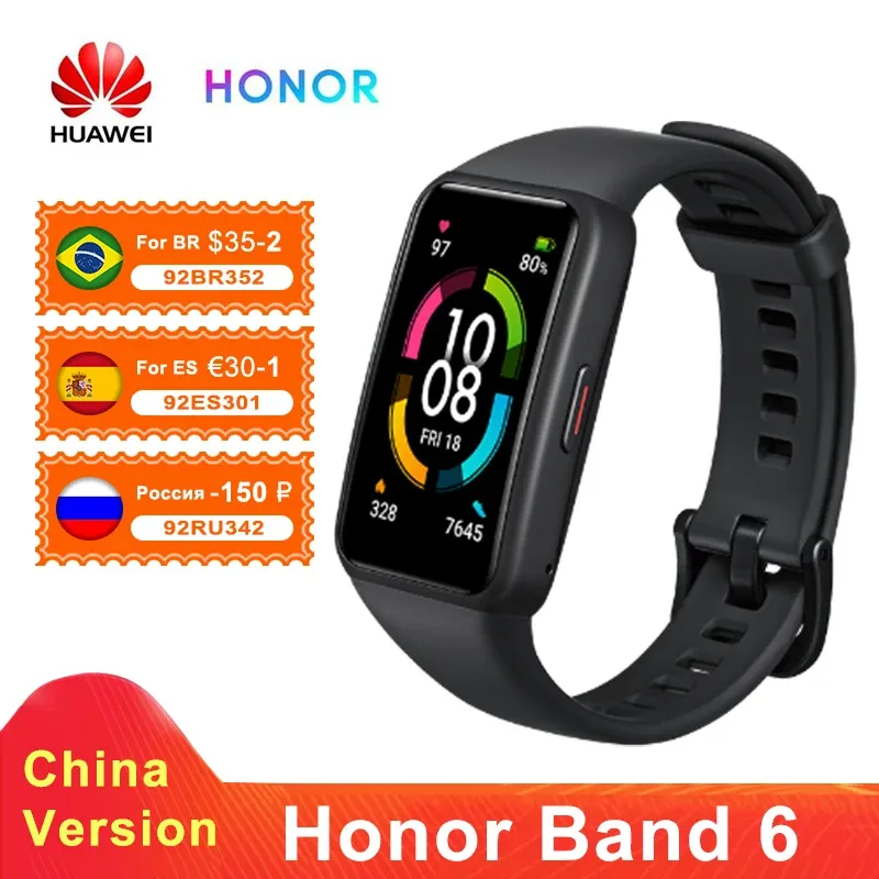 Armbänder Huawei Ehrenband 6 Herzfrequenzmonitor Uhr Smartwatch Blood Sauerstoff Fitness Smart Armband Wasserdichte Armbänder Globale Version