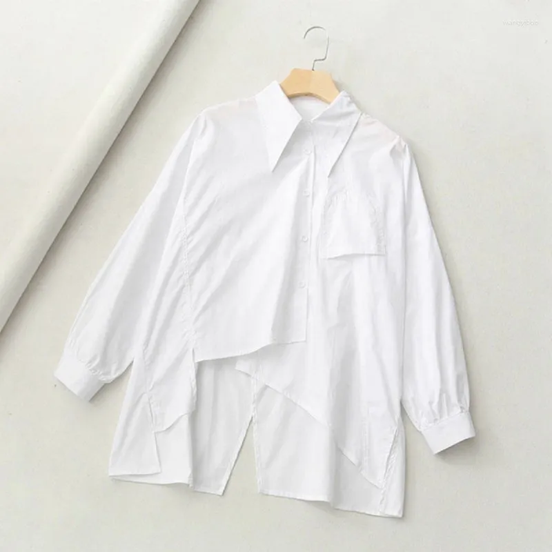 Women's Blouses Design Irregular Long Sleeve Shirt Women Fashion Polo Neck Loose White Blouse Tops Casual Streetwear Buttons Shirts 28994