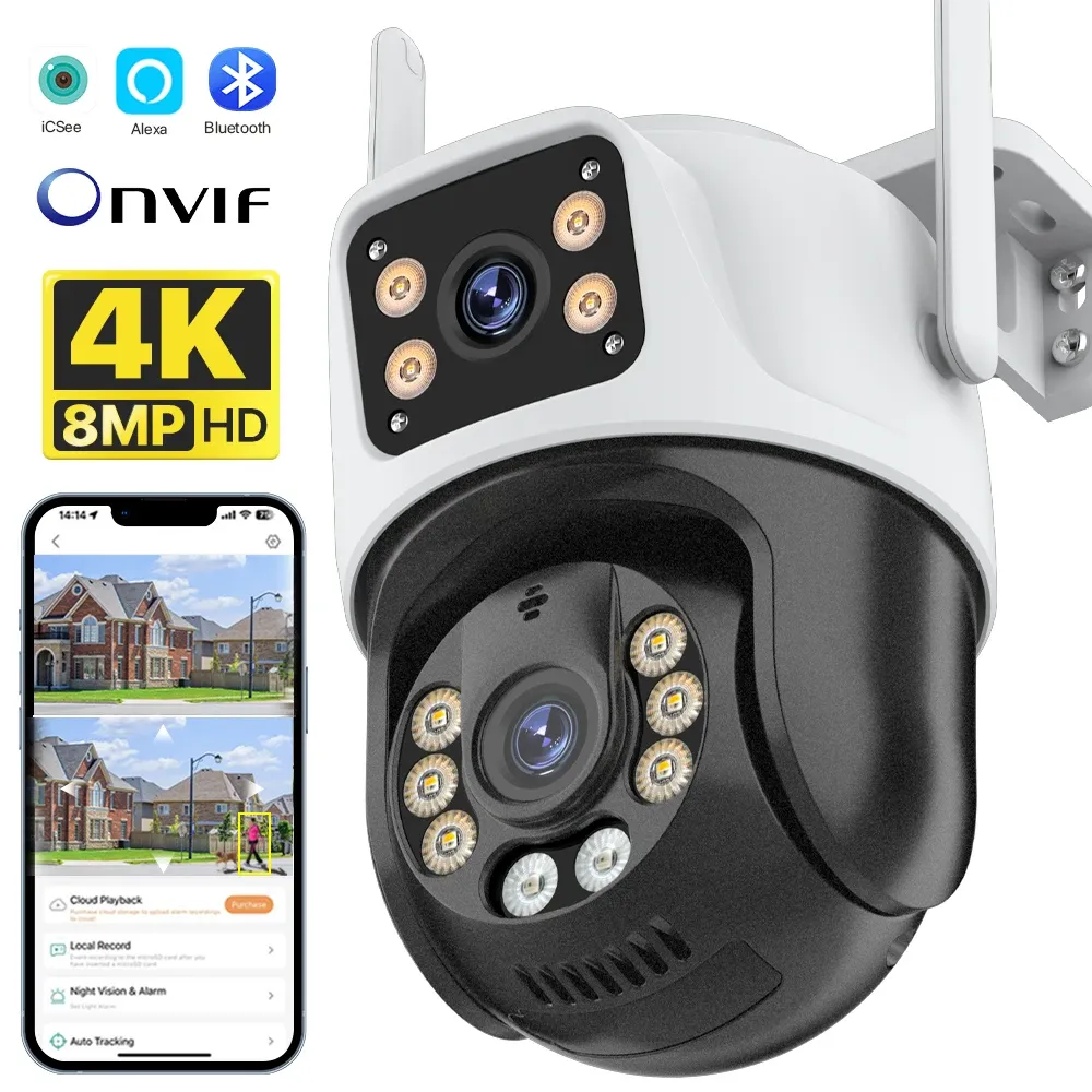 Telecamere PTZ Wifi IP Camera 4K 8MP HD HD Outdoor 4x Digital Security CCTV Camera CCTV Dual Lens Ai Rileva Tracciamento automatico P2P Camera wireless