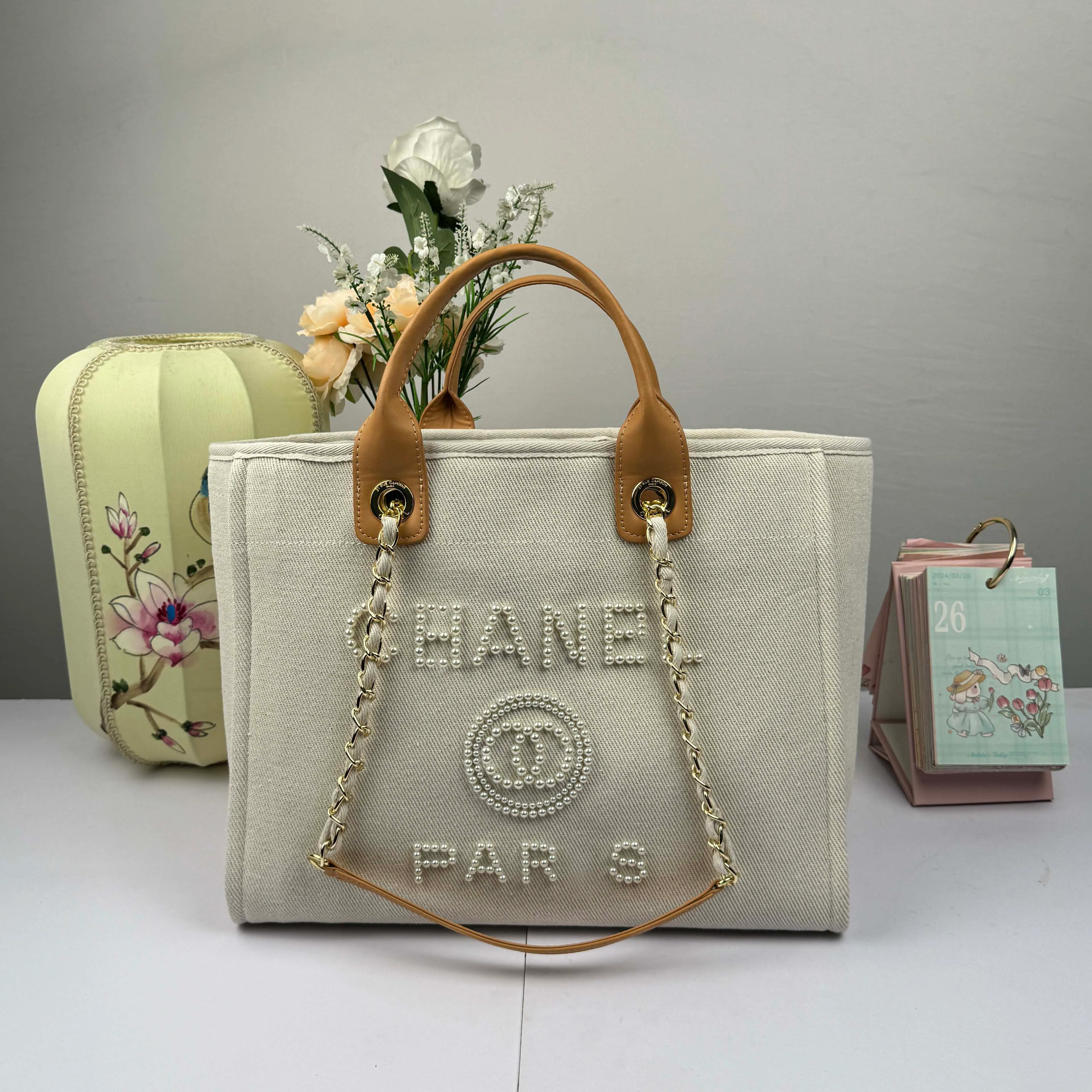 Fashion Women's Beach Bag Shoulder Bag Canvas Brand bag Chain Shopping bag Luxury Tote Linen pearl print crossbody bag Travel bag Large capacity computer bag Tote Bag