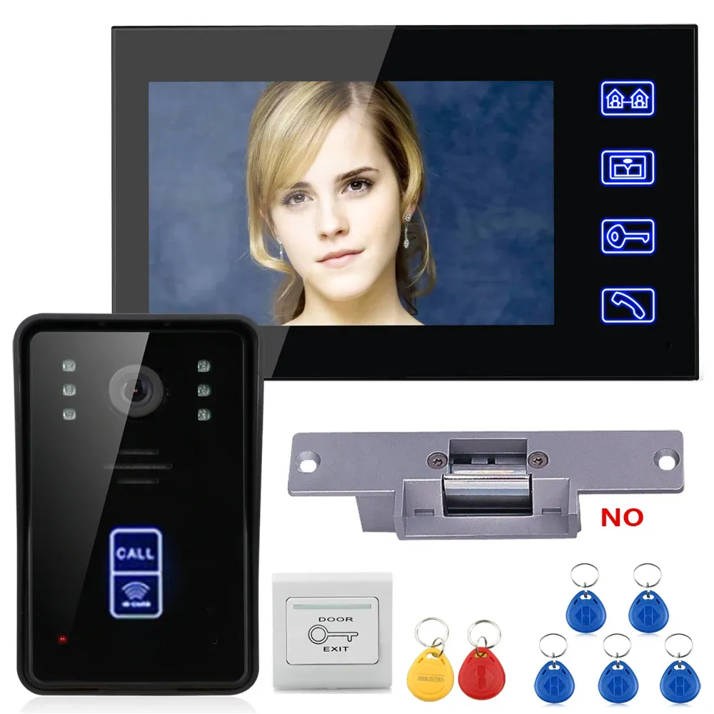 Intercom Gamwater 7 "RFID Video Kapısı Telefon Intercom Kapı Zili Dokunma Düğmesi Gece Görüşü +Elektriksel Grev Kilidi