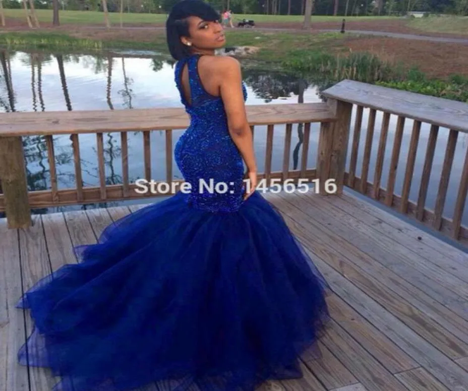 Royal Blue Prom Dresses 2018 Sexy Back Mermaid Style Hard Beadings Evening Party Gowns 여성을위한 인도 전체 멍청이 드 페스타 2853240