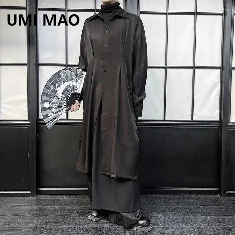 Women's Blouses UMI MAO Dark Black Long Sleeved Shirt Design Mid Length Waistband Trend Style Flowing Top Designer Shirts Men Femme