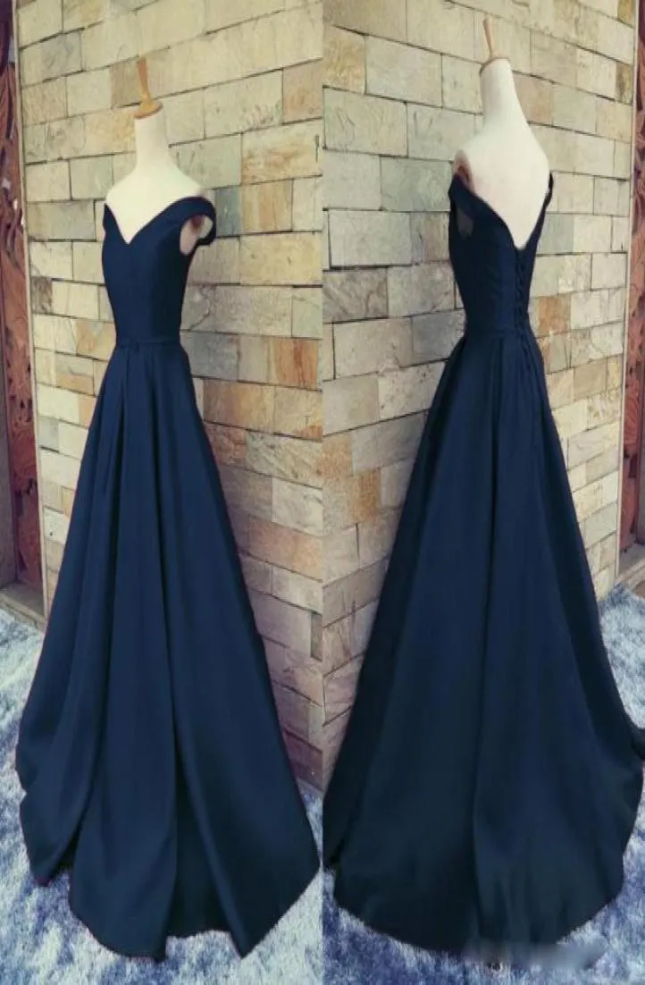 Real Image Navy Blue Cheap 2017 Prom Dresses Off Shoulder V Neck Ruched Satin Floor Length Corset Lace Up Backless Homecoming Part4806110