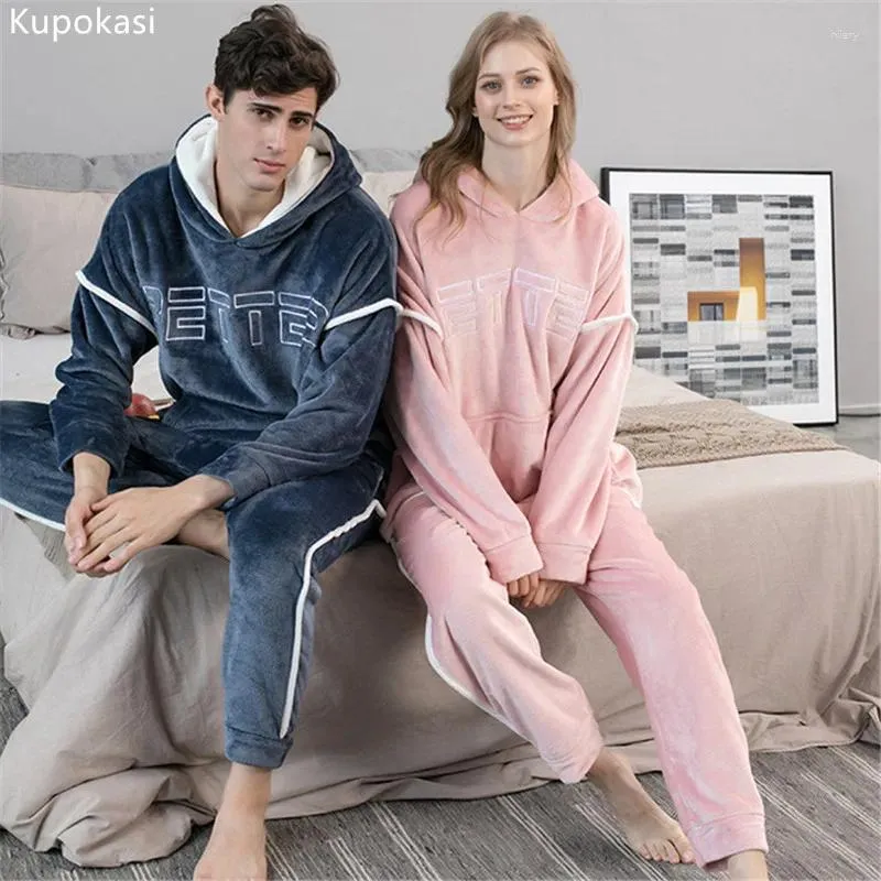 Vêtements à domicile kupokasi 2 pcs pyjamas féminin en flanelle de flanelle vêtements de nuit à manches longues hivernales de nuit chaude couple
