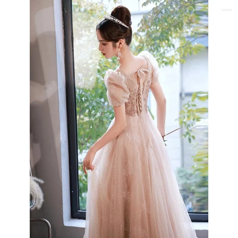 Partykleider Frauen elegante Prinzessin Abendkleid Französische Stil Blingbling Perlenquadratkragen A-Linie bodenlangen Puffhülsen Abschlussballkleid