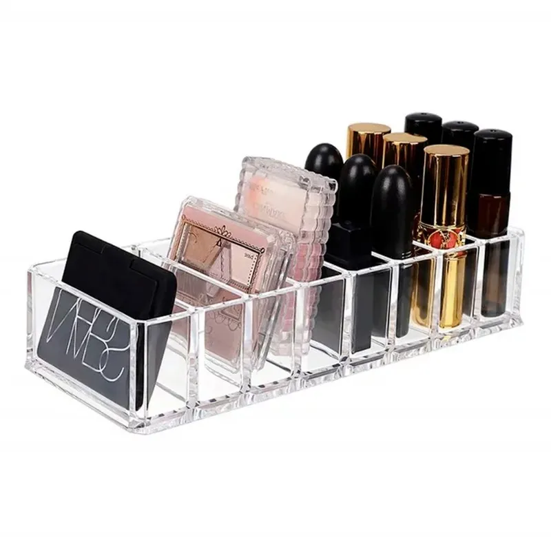 ACRYLIC Makeup Compact Powder Holder Bush Shoeshadow Lipstick Organizer 8 slots maquiagem de maquiagem Caixa de armazenamento para suporte de cosmético acrílico