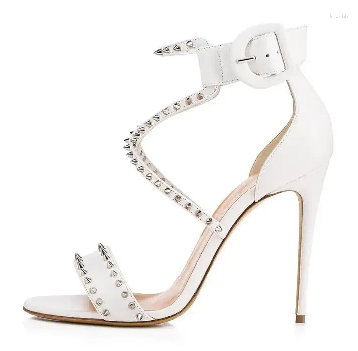 Sandals Fashion Silvery Rivet Cross Straps Women Thin High Heel Beauty White Leather Summer Party Shoes