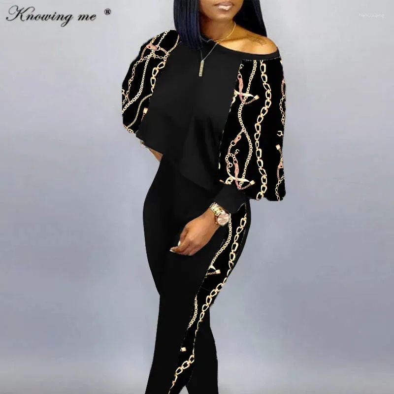 Women's Two Piece Pants Chain Print Tracksuit Set Women Spring Lantern Long Sleeve Pullover Top Pencil Elegant Loose Outfit