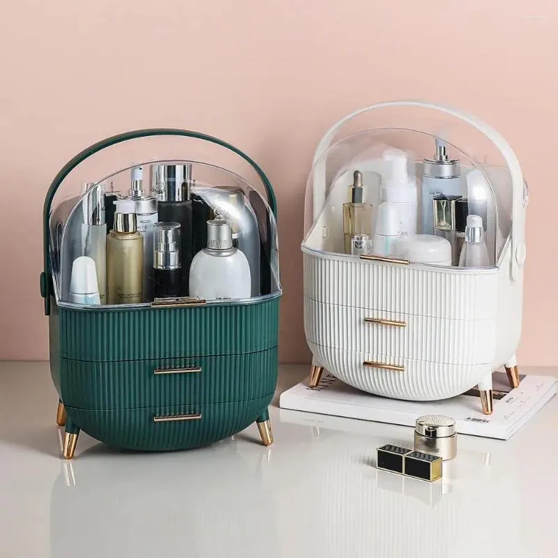 Storage Boxes Makeup Box Cosmetic Organizer Portable Oval With Gold-plated Tripod Transparent Window For Bathroom