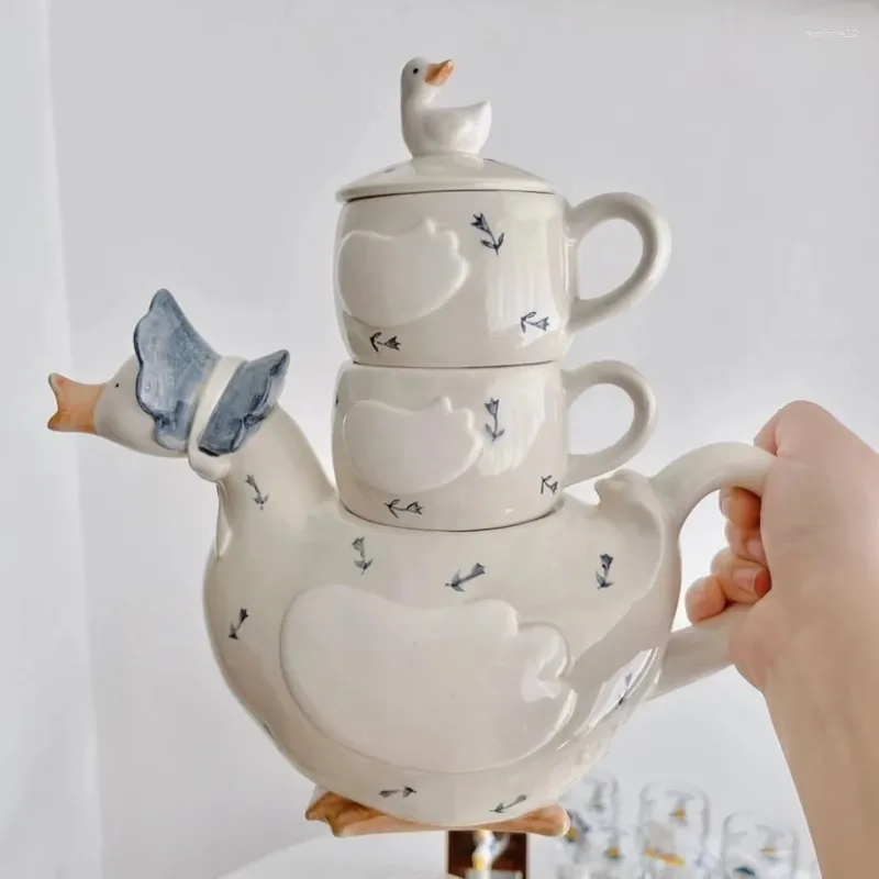 Mugs Japanese Style Cute Duck Mother With Boy Vintage Tableware Teapot Cup Creative Set