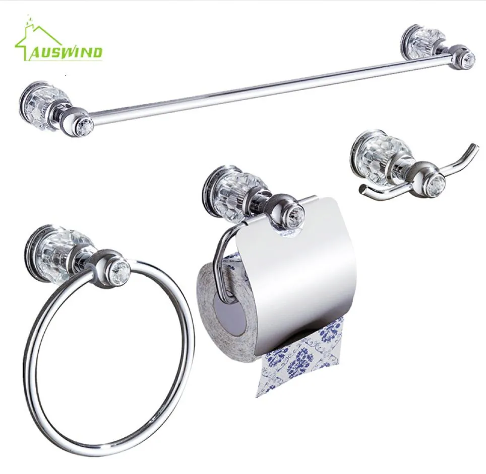 Conjunto de hardware de banheiro de cristal cromo de cristal 4 peças Ring Towel Ring Ring -holder de papel em um conjunto SH1909209026261