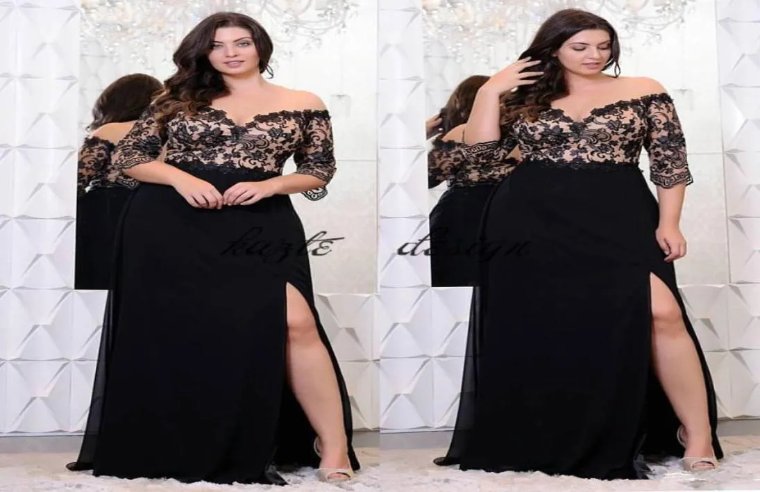 Black Lace Plus Size Prom Dresses With Half Sleeves Off The Shoulder VNeck Split Side Evening Gowns ALine Chiffon Formal Dress7520938