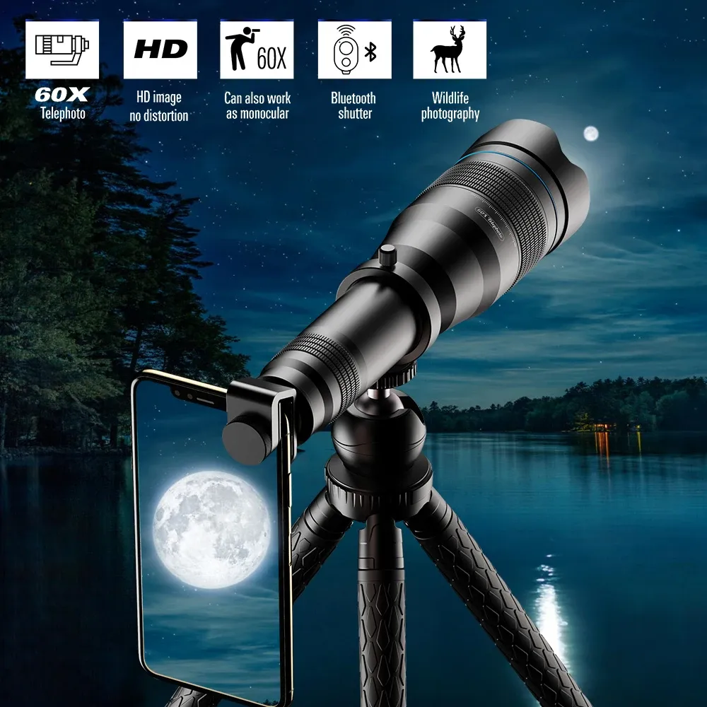 Monopods ApExel HD 60x Telescope tele -objektiv Telefonlins med stativ fjärrlucka för iPhone14 Samsung Huawei annan smartphone