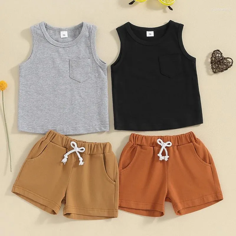 Clothing Sets Toddler Baby Boy Summer Clothes Plain Color Sleeveless Pocket Tank Top Elastic Waist Shorts Set Cotton Casual Outfit