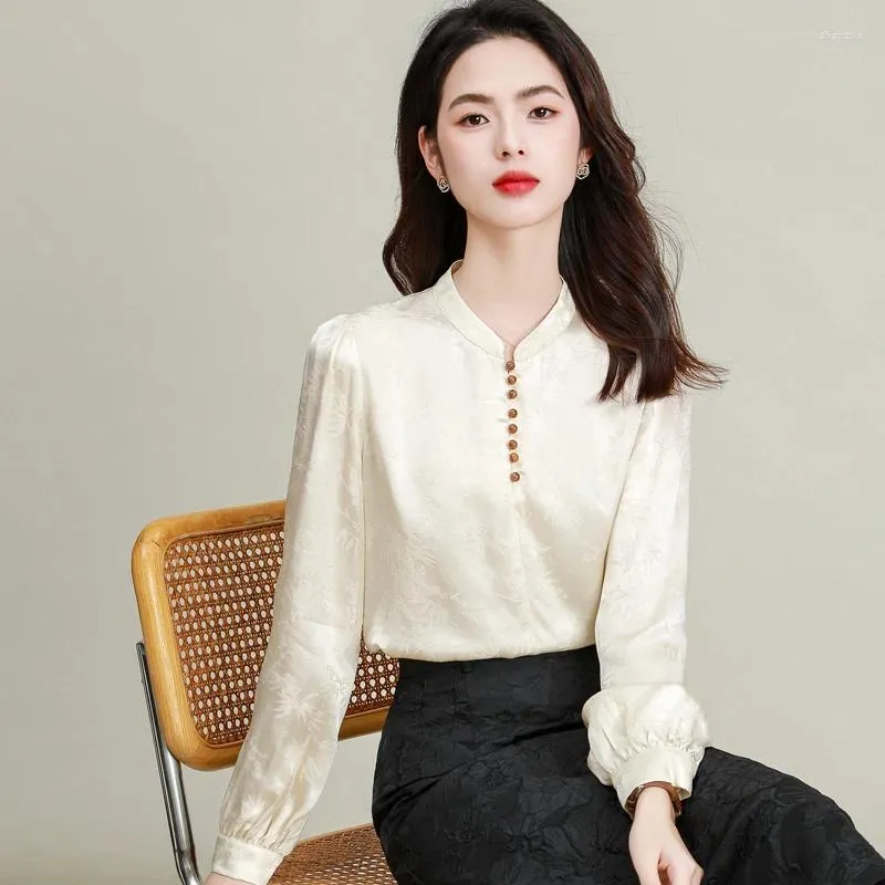 Women's Blouses 2024 Spring Summer Women Beige Silk Shirts For Office Lady Oriental Retro Style Tops Elegant Bamboo Pattern Jacquard Shirt