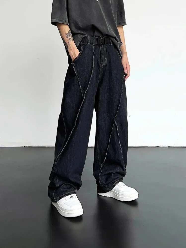 2024 Men HipHop Distressed Jeans Pants Ripped Patchwork Denim Male Oversized Loose Casual Streetwear Wide Leg Trousers 240323