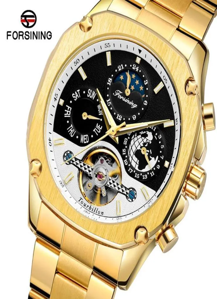 Наручительные часы, отклоненные от грандиозных золотых автоматических часов турбийнового турбильона Лунный фазу мужского механического календаря самостоятельно стальные ремни Relogio4989904