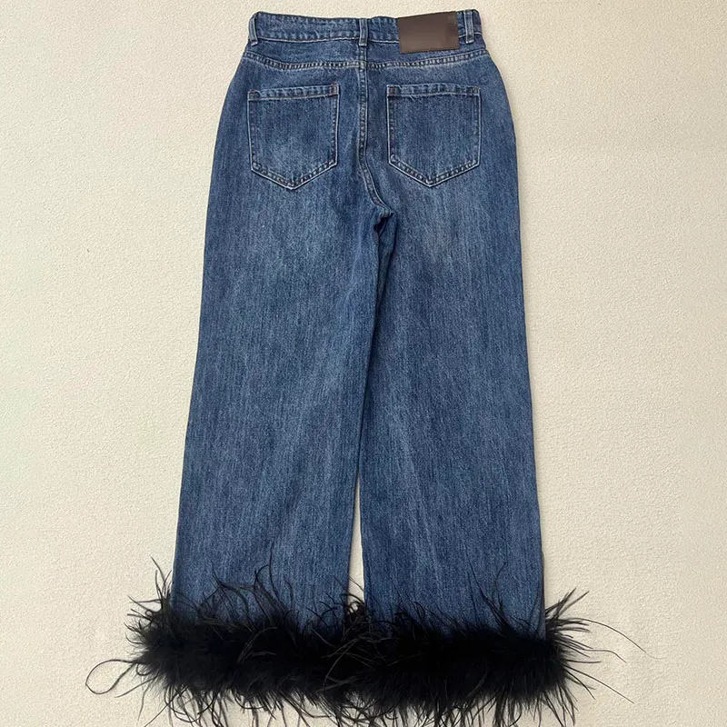 Feather Women Jeans Luxury Designer Blue Denim Pants Casual Daily INS Fashion Street Style Jean Trousers
