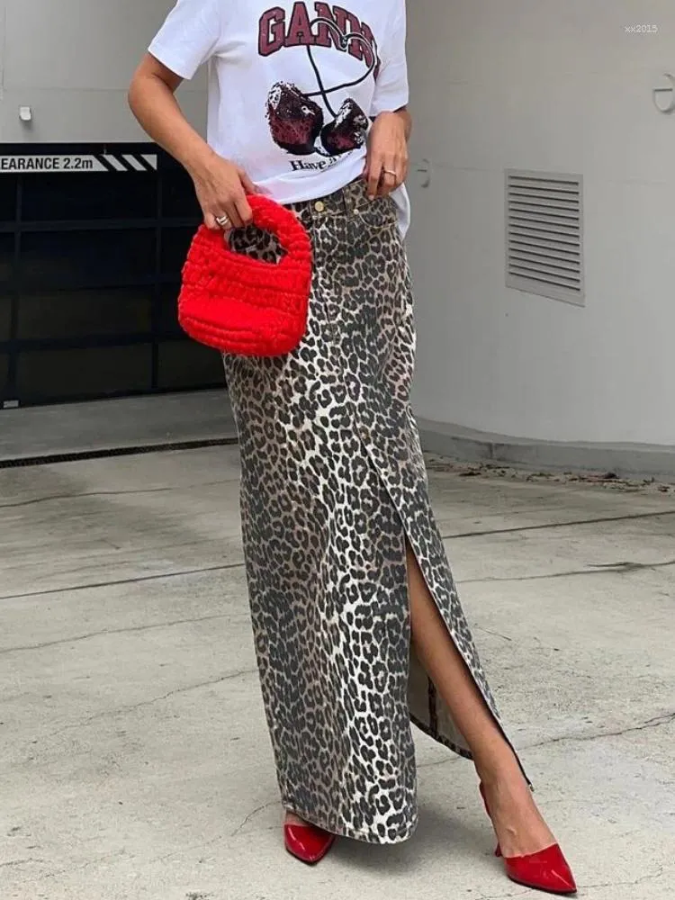 Jupes Deeptown Tan Leopard Imprimé maxi jupe femme vintage streetwear haut taille divisé denim sexy long printemps 2024 femme