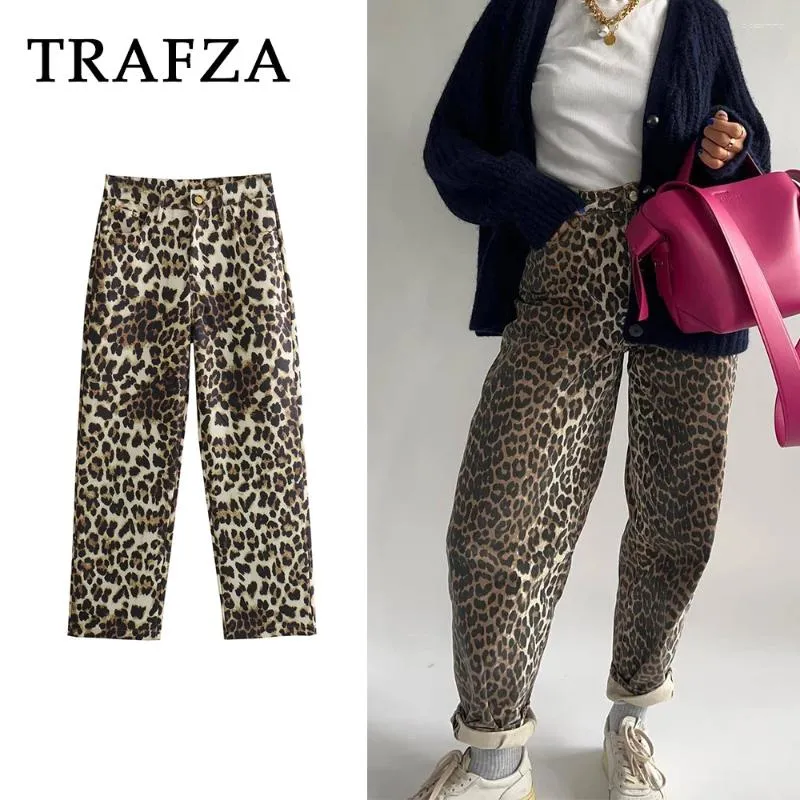 Frauenhose Trafza 2024 Frühlingsfrauen Vintage Leopardenmuster Taschen Taschen Chic Reißverschluss Long Streetwear Elegant