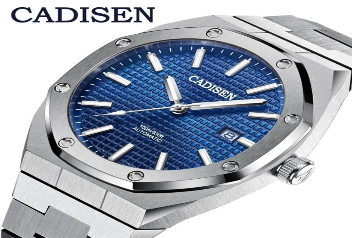 Cadisen Design Marke Luxus Männer Uhren mechanische Automatik Blue Watch Men 100m wasserdichte Freizeitgeschäft Luminous Armbandwatch LJ3491607