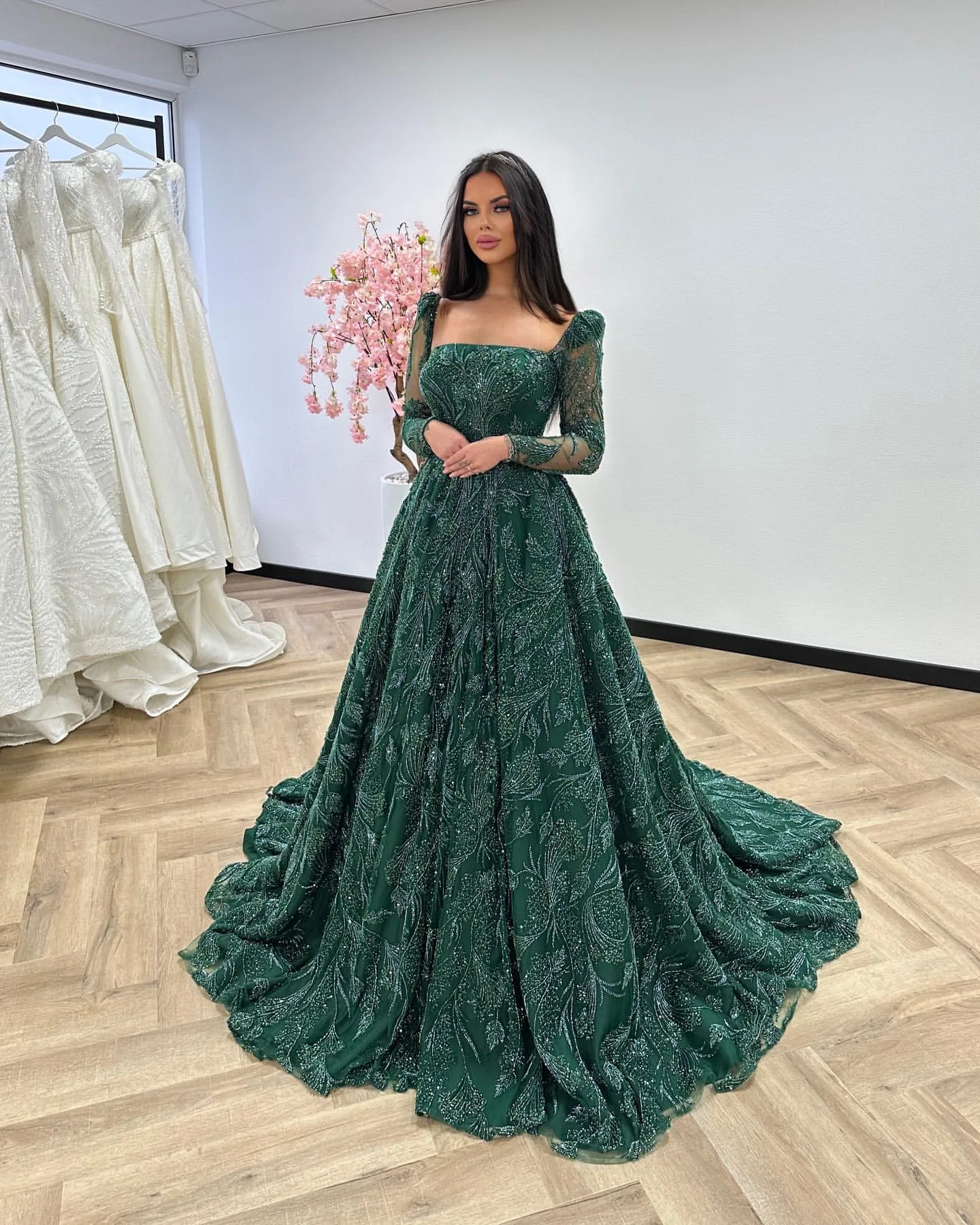 fashion nova engagement dresses Green Mermaid Prom Dress Long Sleeve Evening Gown with Beading-Bridelily main image 1