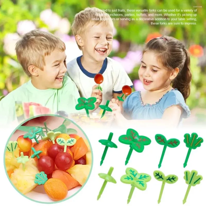 Vorken 8 stks schattige bladvormige kinderen fruit vork mini groen bladeren snack cake dessert tandenstoker kinderen bento lunches decoratie