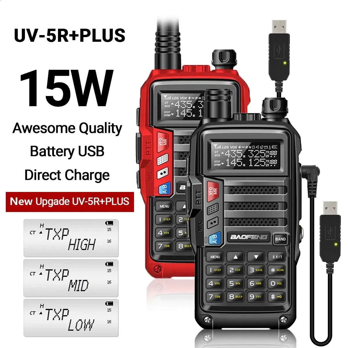 Baofeng UV5R plus 15W UHFVHF Tripower Walkie Talkie 50 km USB Långtyguppgradering av UV 5R UV10R S9 Two Way Radio 240326