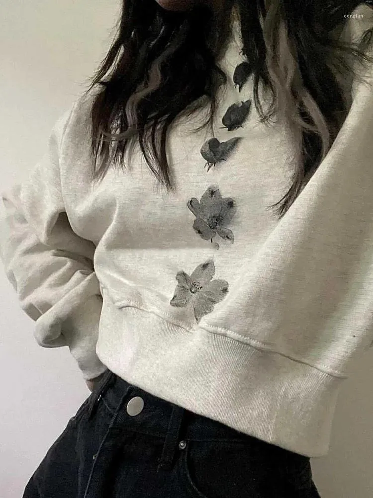 Kvinnors hoodies Spring Women Vintage Flower Print Hoodie 2024 Casual Harajuku Loose Crop Tops Streetwear Fairy Preppy Y2K Aesthetic