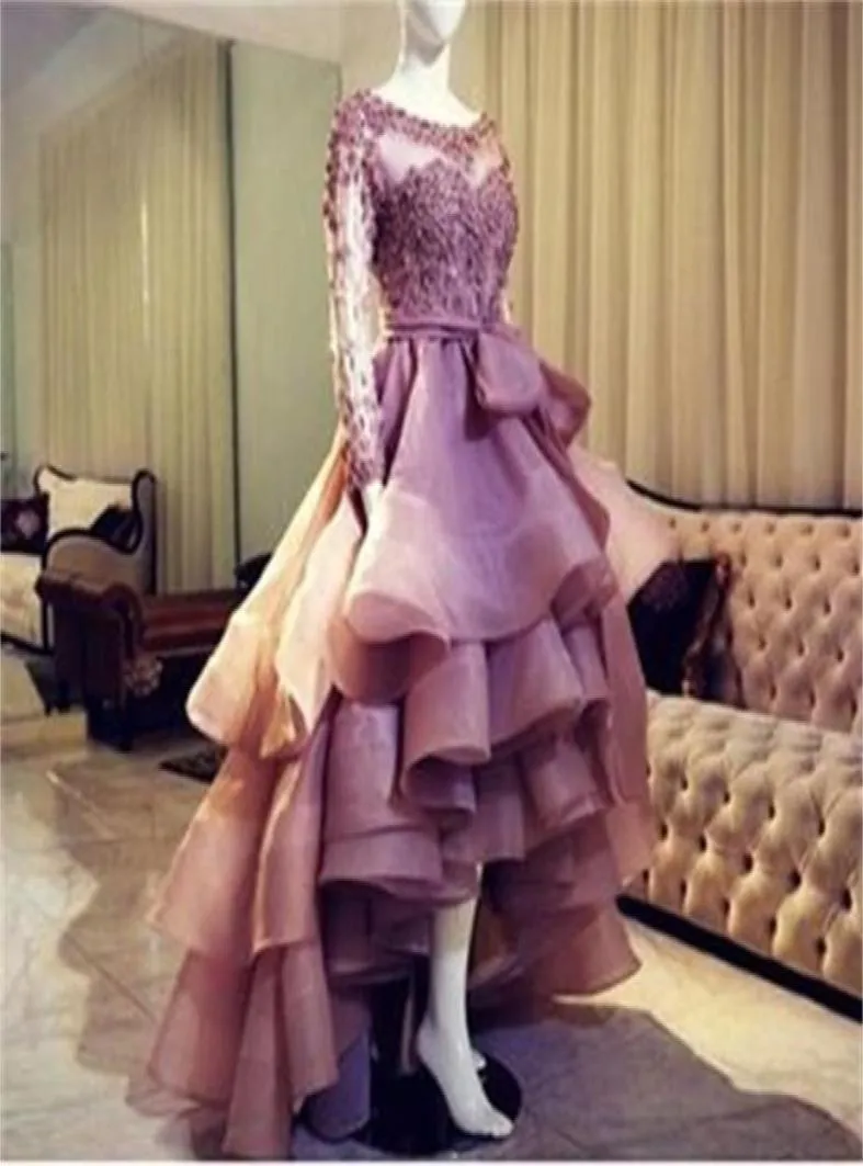 Real Sample Hi Lo Prom Dress High Quality Organza Long Sleeves Party Dress Formal Event Gown3097608