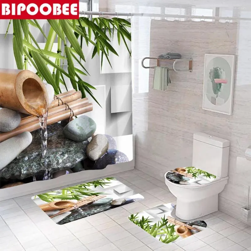 Douchegordijnen Zen Stone Bamboo Leaf Gordijn Set duurzaam niet-slip tapijtbadmatten stromend waterpatroon badkamer toiletafdekking