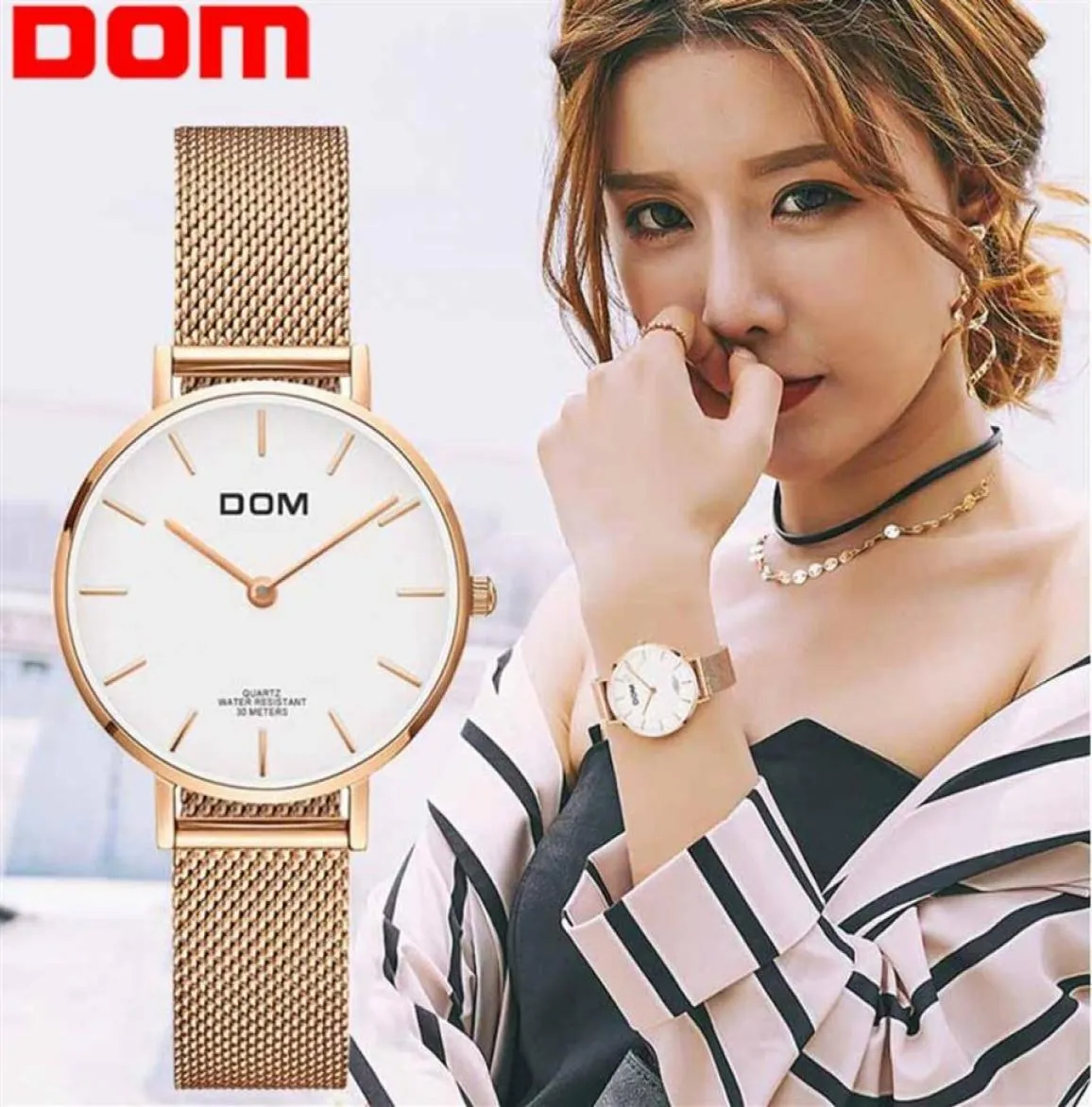 Смотреть Women Dom Top Brand Luxury Quartz Watch Casual Quartzwatch Кожаная сетчатая ремешка Ультра тонкие часы Relog G36G7M116891602742