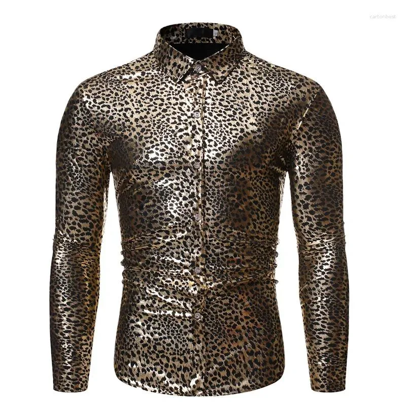 Chemises décontractées pour hommes pour hommes Bouton Down Down Down Chemise Homme 2024 Fashion Gold Leopard Print Shirt Men Dance Wedding Groom