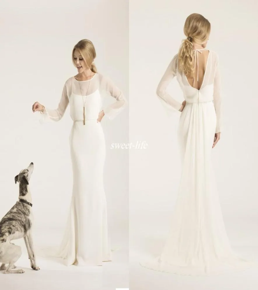 SHEAT CREW NECK LÅGA BACK AMY KUSCHEL COUTURE BOHO Bröllopsklänningar med illusion Långärmar Chiffon 2019 Simple Bridal Gowns SWE6933481