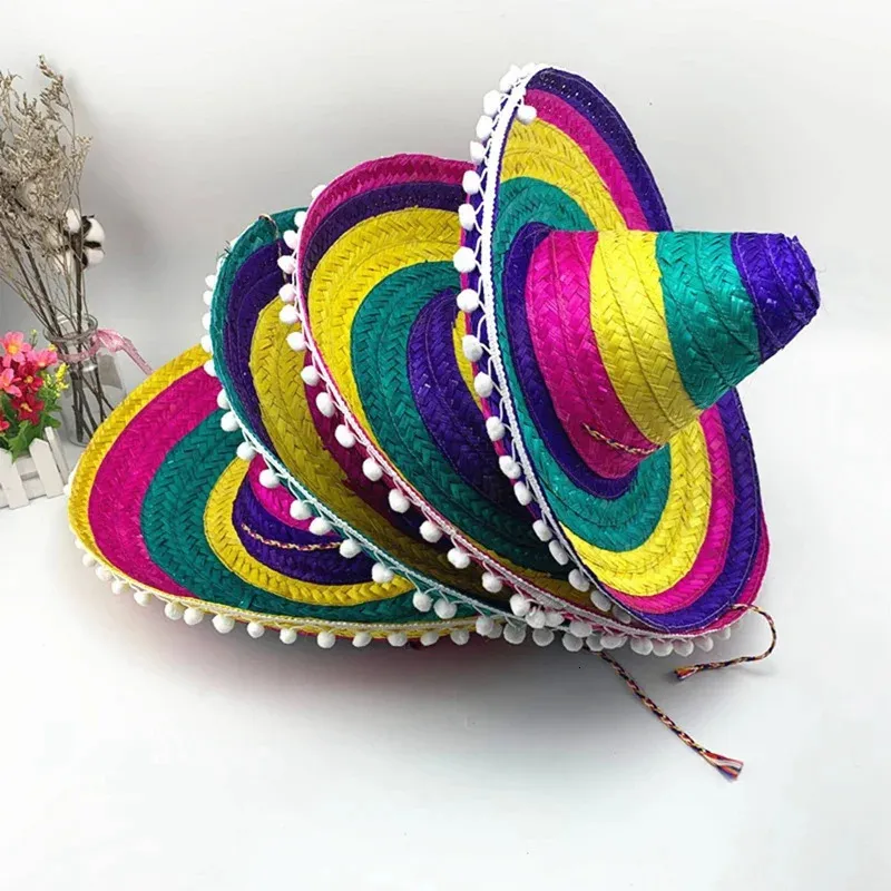 Chapeaux de paille colorés Style mexicain Protection solaire en plein air Bamboo tissage grand chapeau de bord toutes saisons Fourniture de fête Halloween 240327